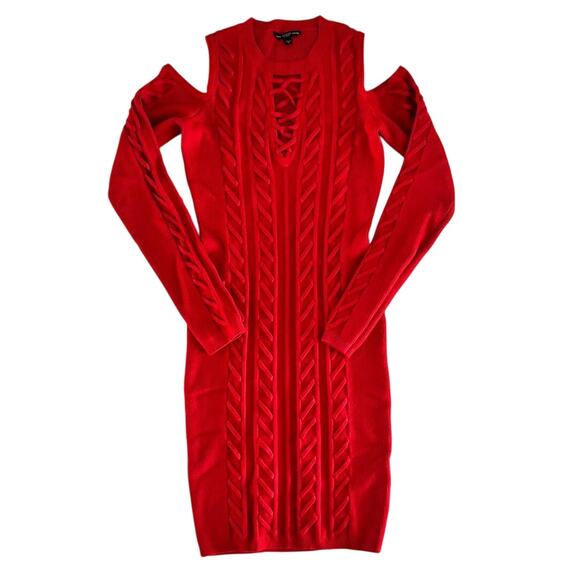 Guess Red Cold Shoulder Sweater Dress | Lace-Up Front Bodycon Knit | Size M - Picture 4 of 15